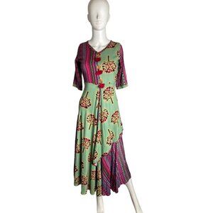 WOMEN'S AUTHENTIC COLORFUL MIXED PATTERN ANARKALI DRESS SZ 34/XS